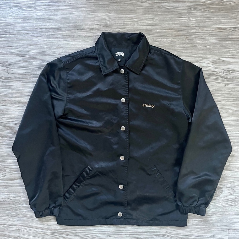Stussy Mens Black Satin Coaches Jacket Embroidered Logo Snap Front XS